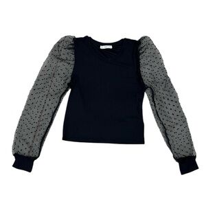 Sheer Polka Dot Puffy Sleeve Ribbed Stretchy Crop Top